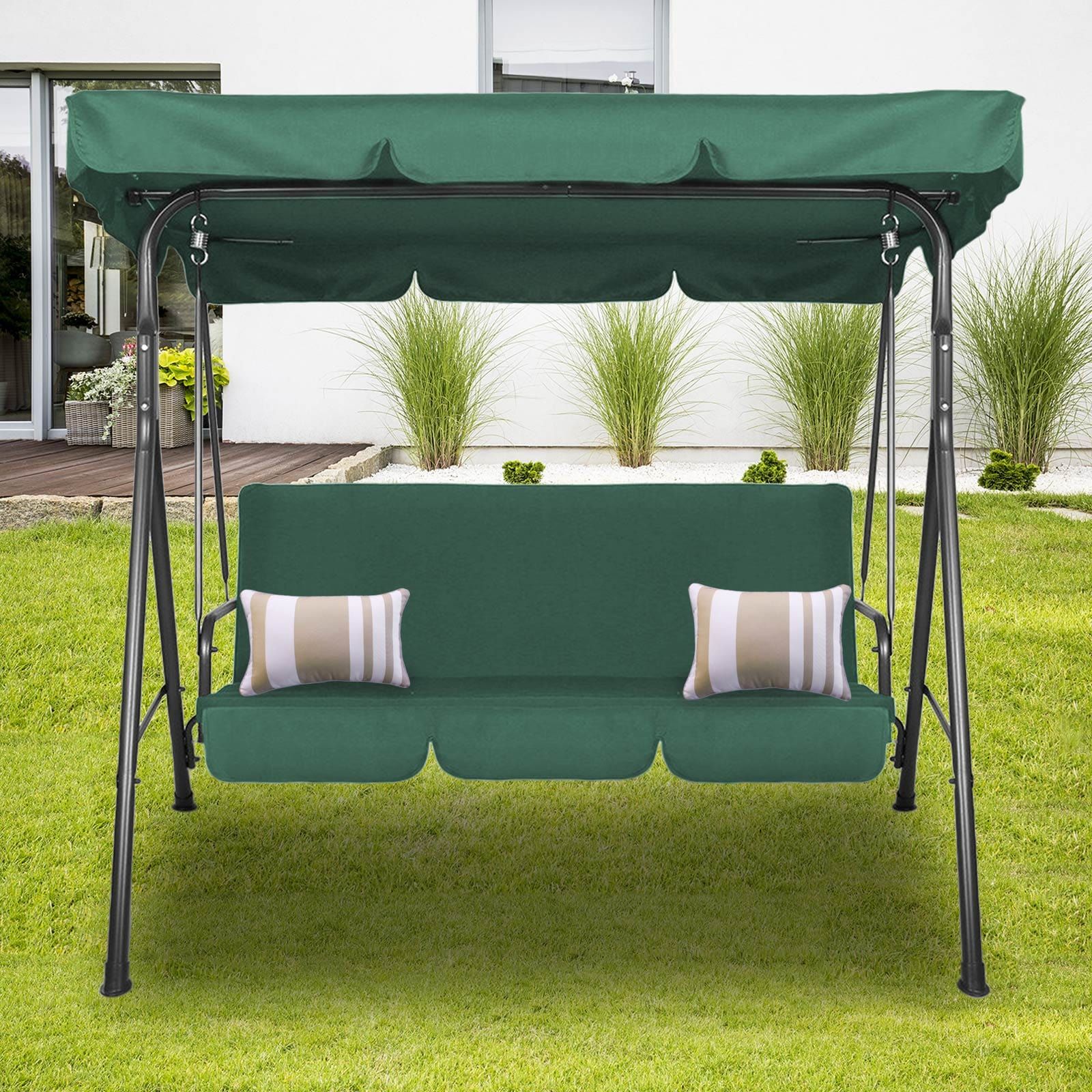 Milano Outdoor Swing Bench with Canopy - 3 Seater Garden Hammock Chair in Dark Green | Perfect for Patio, Backyard & Porch Relaxation