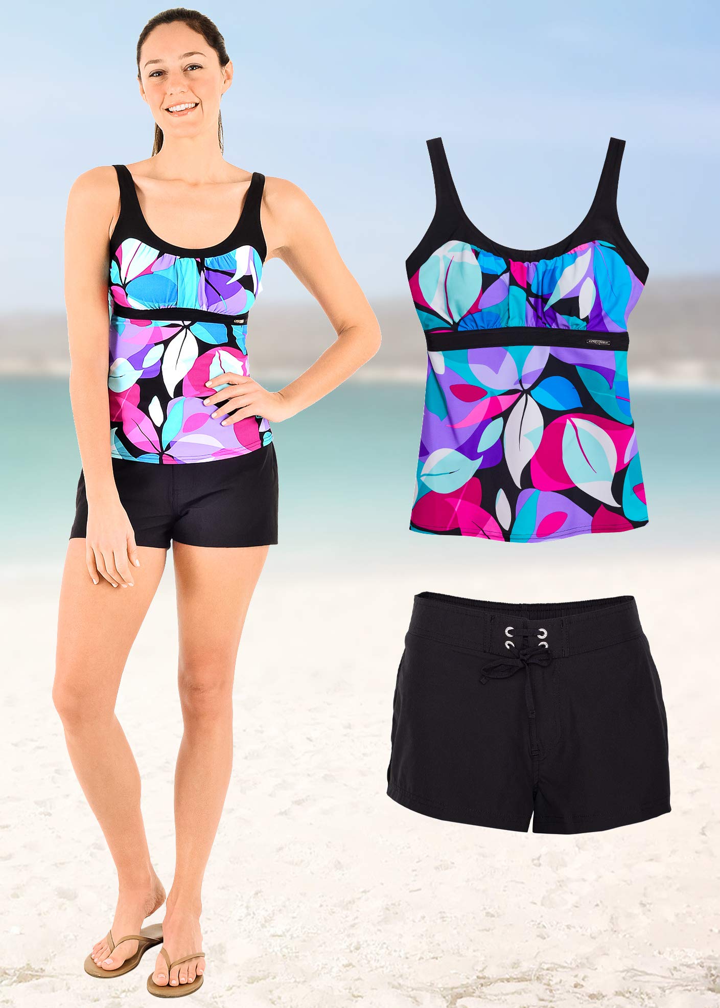 ZeroXposur Women's Modest Tankini Swimsuits Set with Solid Board Shorts - UPF 50+ Sun Protection, Quick Dry Swimwear for Beach, Pool & Water Sports