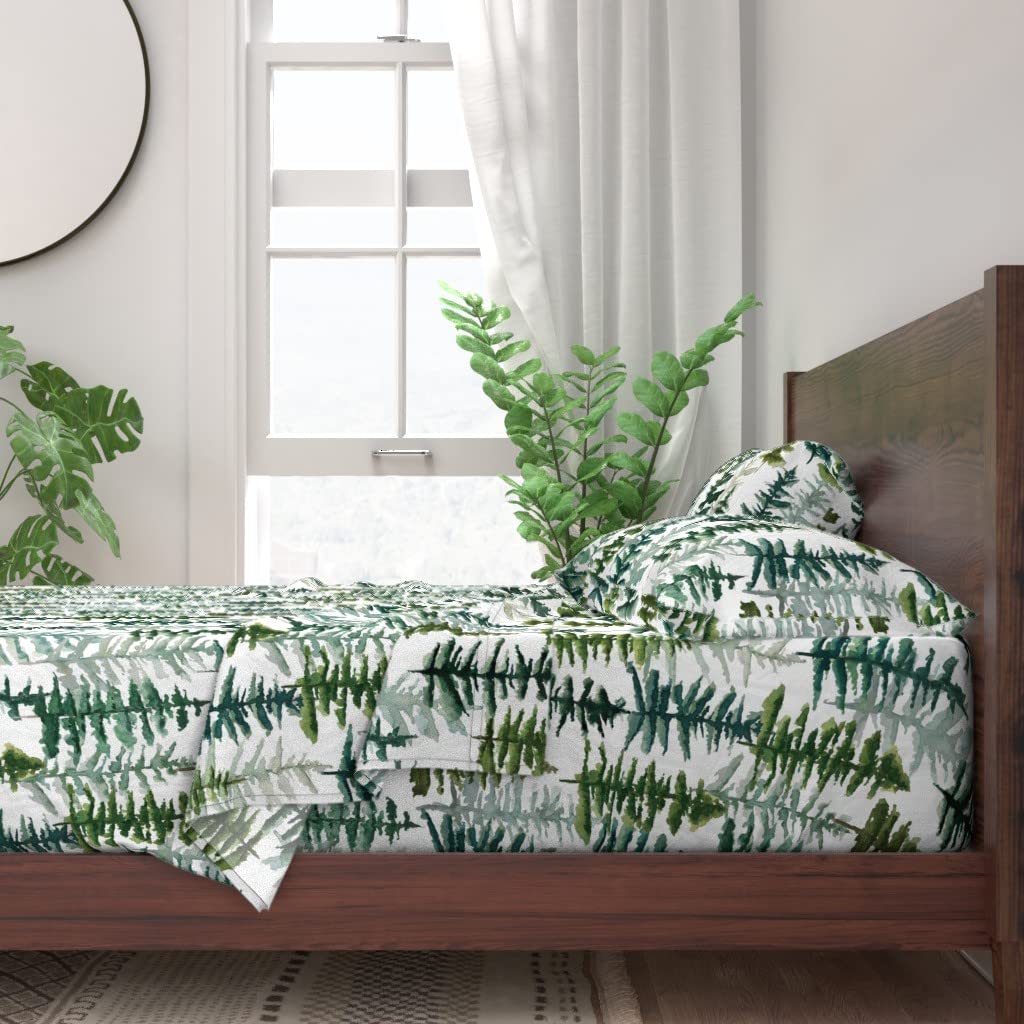 100% Cotton Twin Sheet Set 3-Piece - Forest Trees Winter Christmas Fir Pine Watercolor Print Custom Bedding | Soft Breathable Sheets for Cozy Holiday Bedroom Decor