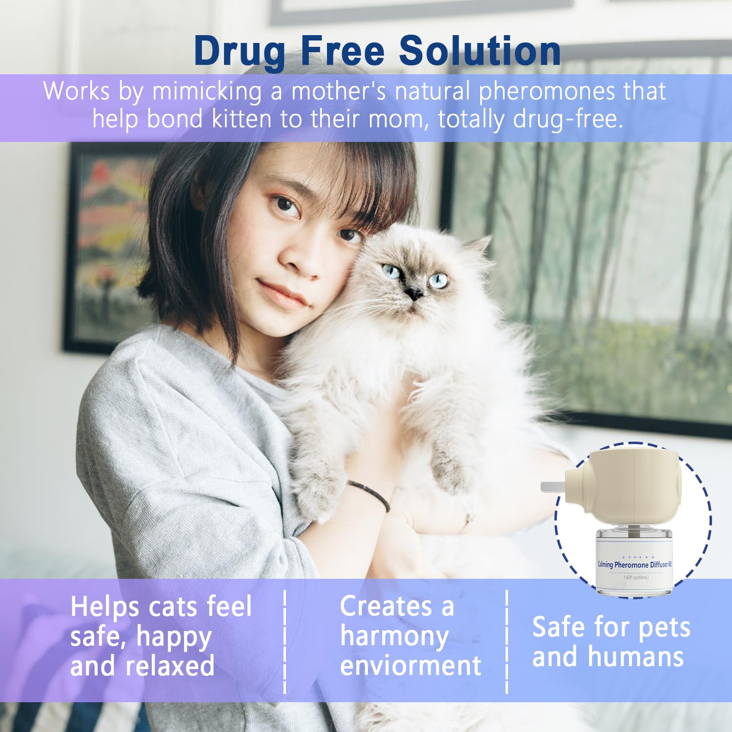 Cat Pheromone Calming Diffuser for Cats - 2 in 1 Starter Kit with Diffuser Head & 48mL Refill - Reduce Anxiety & Stress in Cats - Perfect for Multi-Cat Homes, Vet Visits & Traveling