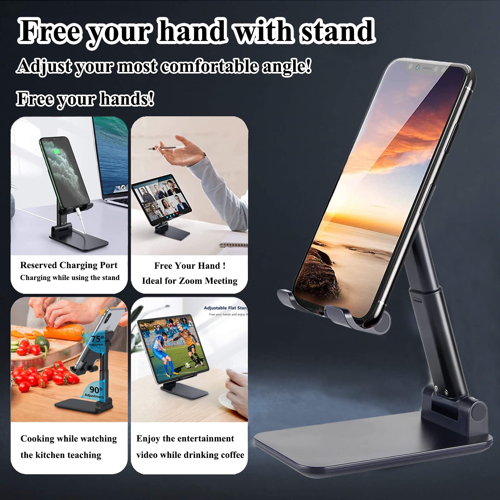 2 Pack Adjustable Phone Stand for Desk - Foldable & Portable Cell Phone Holder for iPhone 14/13/12 & Smartphones - Perfect for Office, Home, Watching Videos & Video Calls