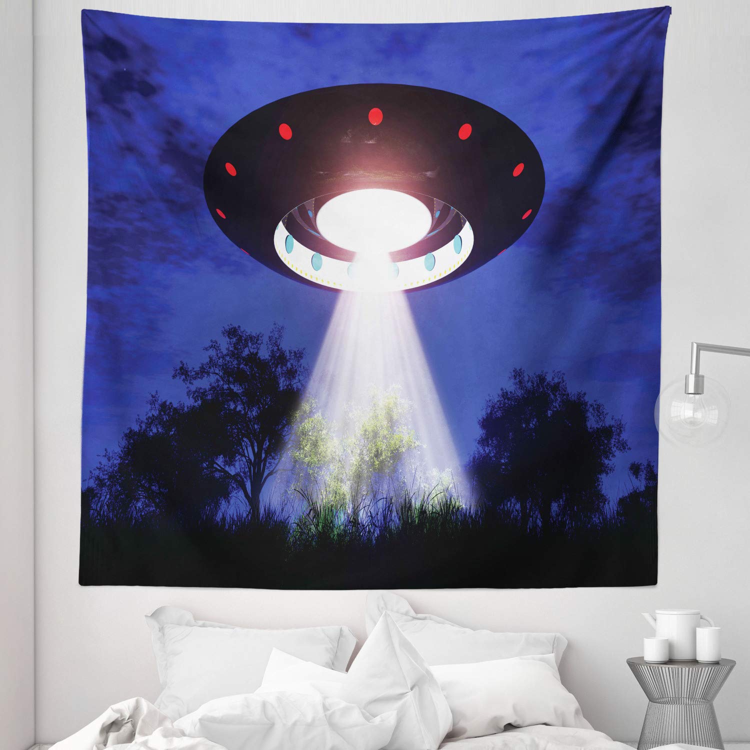 Ambesonne UFO Tapestry Queen Size - Sci-Fi Alien Space Travel Night Scene Wall Hanging, 88x88 Inch Multicolor Bedspread & Wall Decor for Bedroom, Living Room, Dorm | Perfect for Space Theme Parties, Sci-Fi Lovers & Unique Home Decor