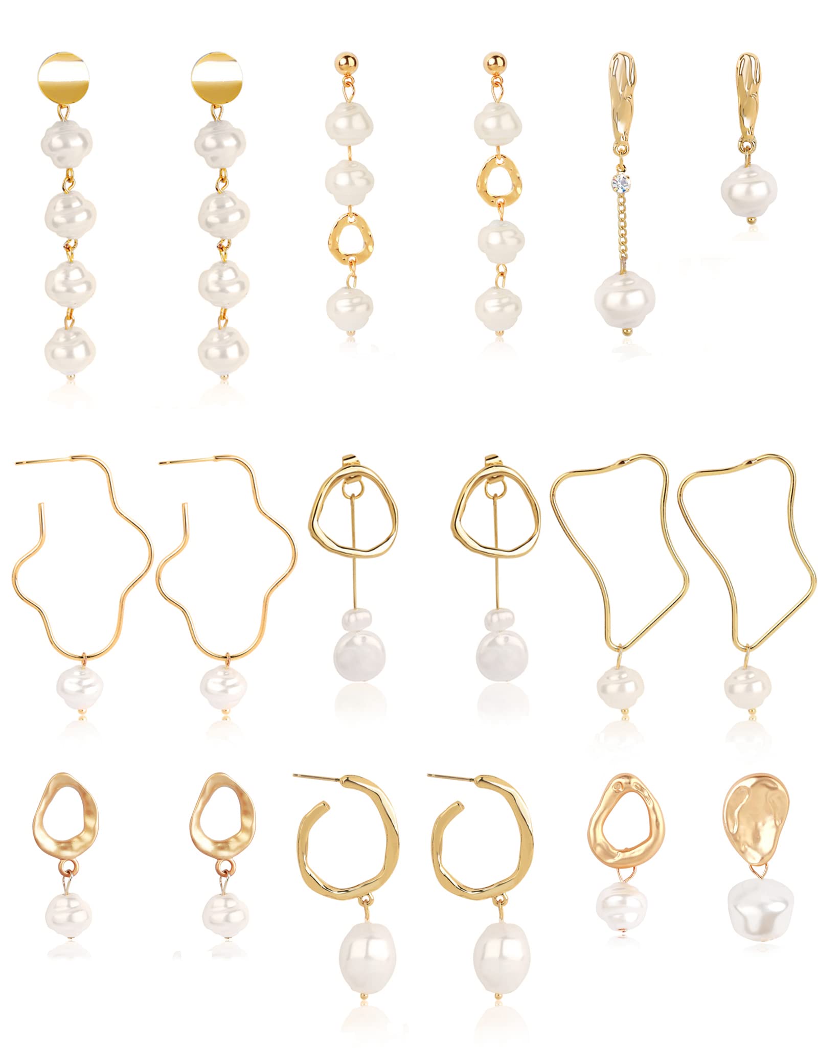 Fxqini 9 Pairs Simulated Pearl Drop Earrings for Women - Elegant Round & Heart Shaped Dangle Earrings with Stainless Steel Backing, Gold Tone Imitation Pearls | Perfect for Weddings, Parties & Daily Wear