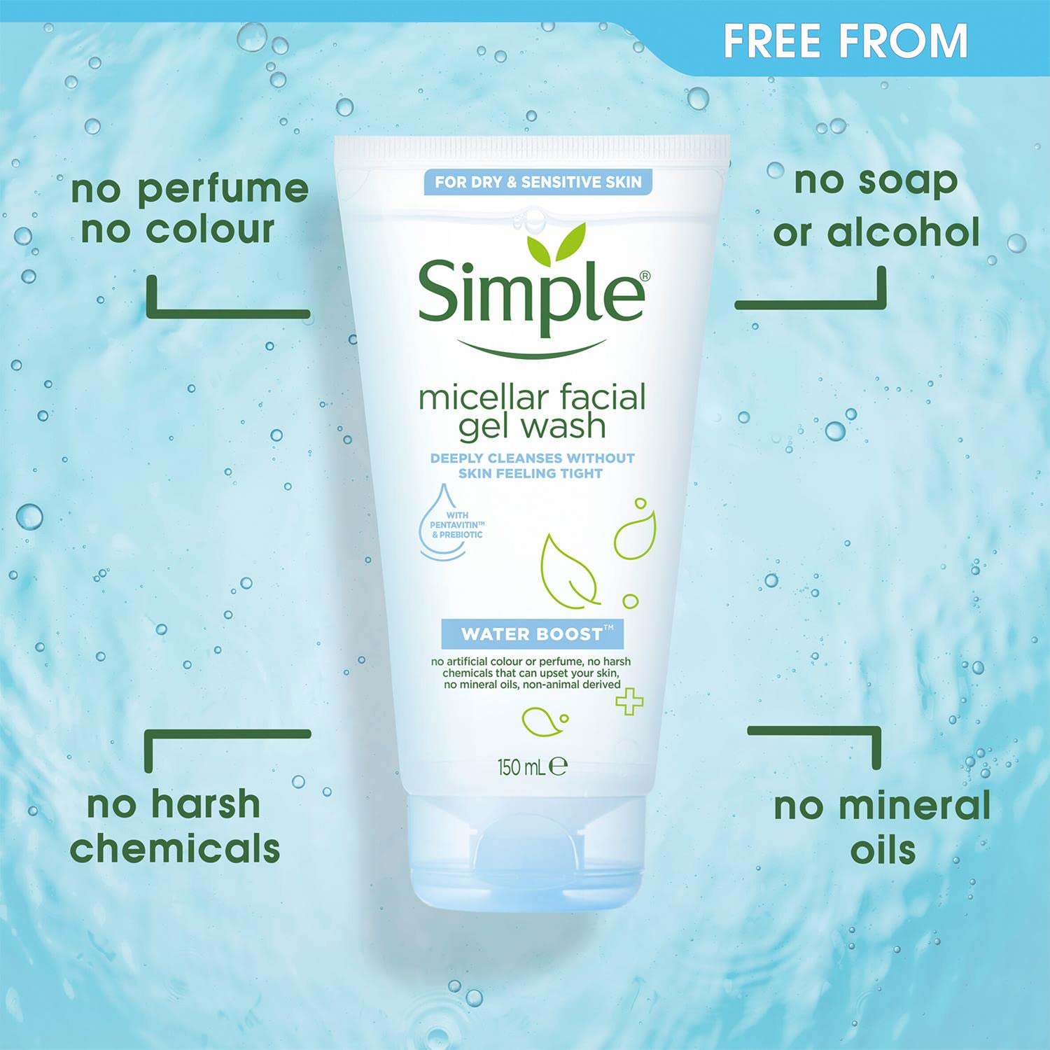 Simple Water Boost Micellar Facial Gel Wash - 5.07 oz | Gentle Cleansing for All Skin Types | Perfect for Daily Use & Travel Skincare Routine