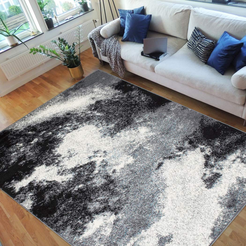Abstract Cloud Pattern Area Rug - Gray, Black & White Modern Carpet for Living Room, Bedroom & Office Decor