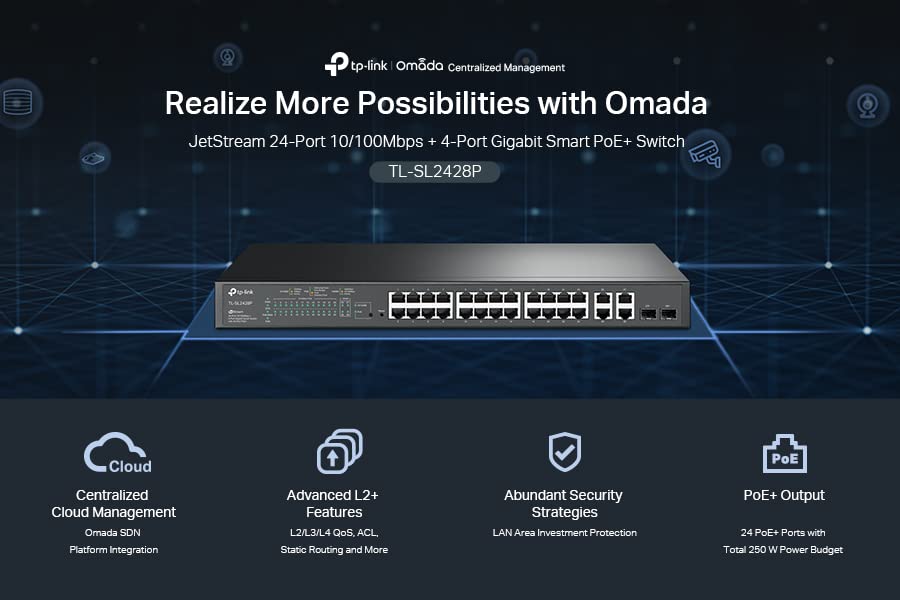 TP-Link JetStream 24-Port 10/100Mbps + 4-Port Gigabit Smart Switch with PoE+ (TL-SL2428P) | SDN, Cloud Access & Omada App Control | Ideal for Office Networks, Smart Homes & Business IT Infrastructure