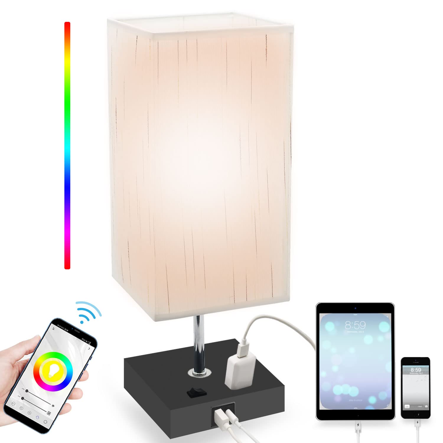 Peteme Smart Bedside Lamp with RGB Dimmable Lighting, A+C USB Ports & Outlet - WiFi & App Controlled Alexa-Compatible Nightstand Lamp with Included Bulb, Perfect for Bedroom, Living Room & Office Workspace