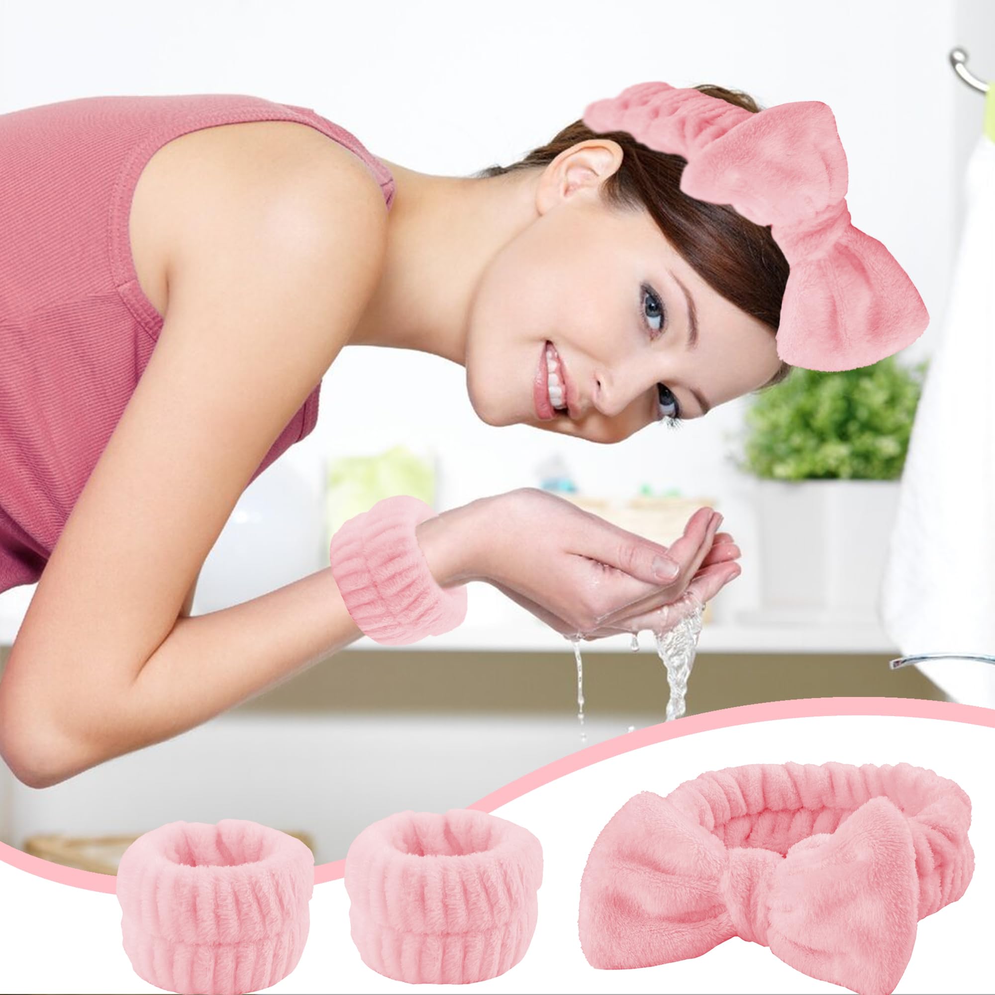 AEGYPIUS 3-Piece Face Wash Headband and Wristband Set - Soft Spa Headbands for Washing Face, Skincare & Makeup Removal - Perfect for Bath, Shower, and Facial Routine (Pink, Blue, White)