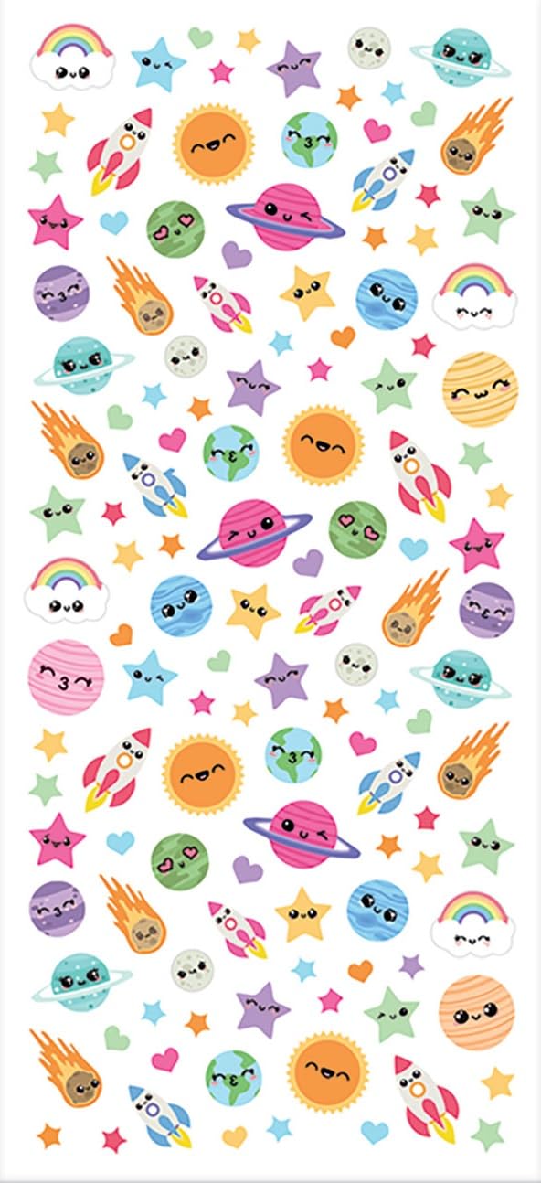 Playhouse Kawaii Cuties Stars & Planets Glitter Stickers - 50+ Cute Space-Themed Decals for Scrapbooking, Planners, Journals & DIY Crafts