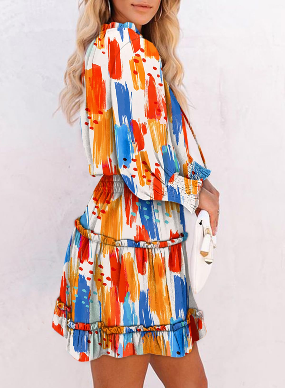 2025 Boho Floral Print Chiffon Mini Dress - Dokotoo Women's Smocked V-Neck Long Sleeve Tiered Ruffle Dress with Drawstring Waist | Perfect for Spring Weddings, Garden Parties & Date Nights