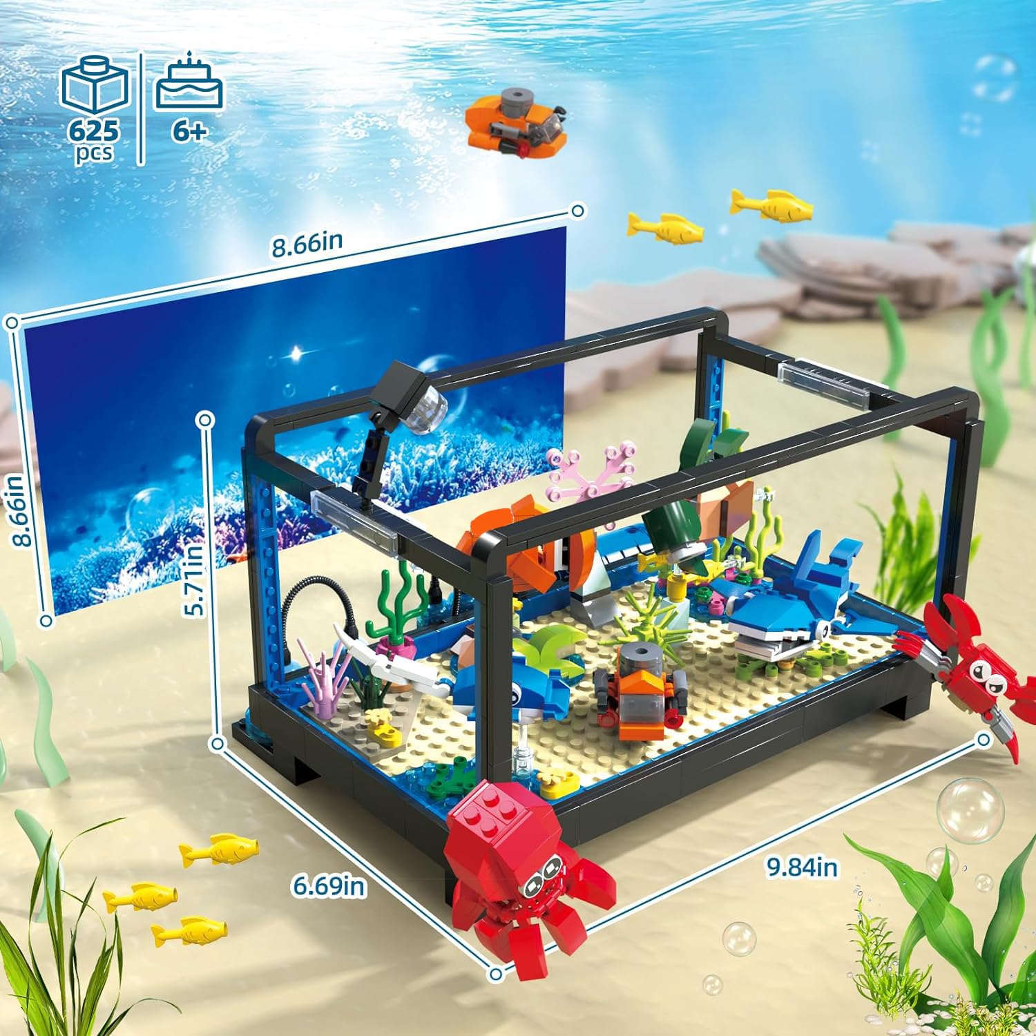 LEGO-Compatible Aquarium Building Set with Marine Life Animals & Creative Lighting - 625Pcs Educational STEM Toy for Kids Ages 6-12 | Fish Tank Model with Submarine for Home Decor & Playtime Learning