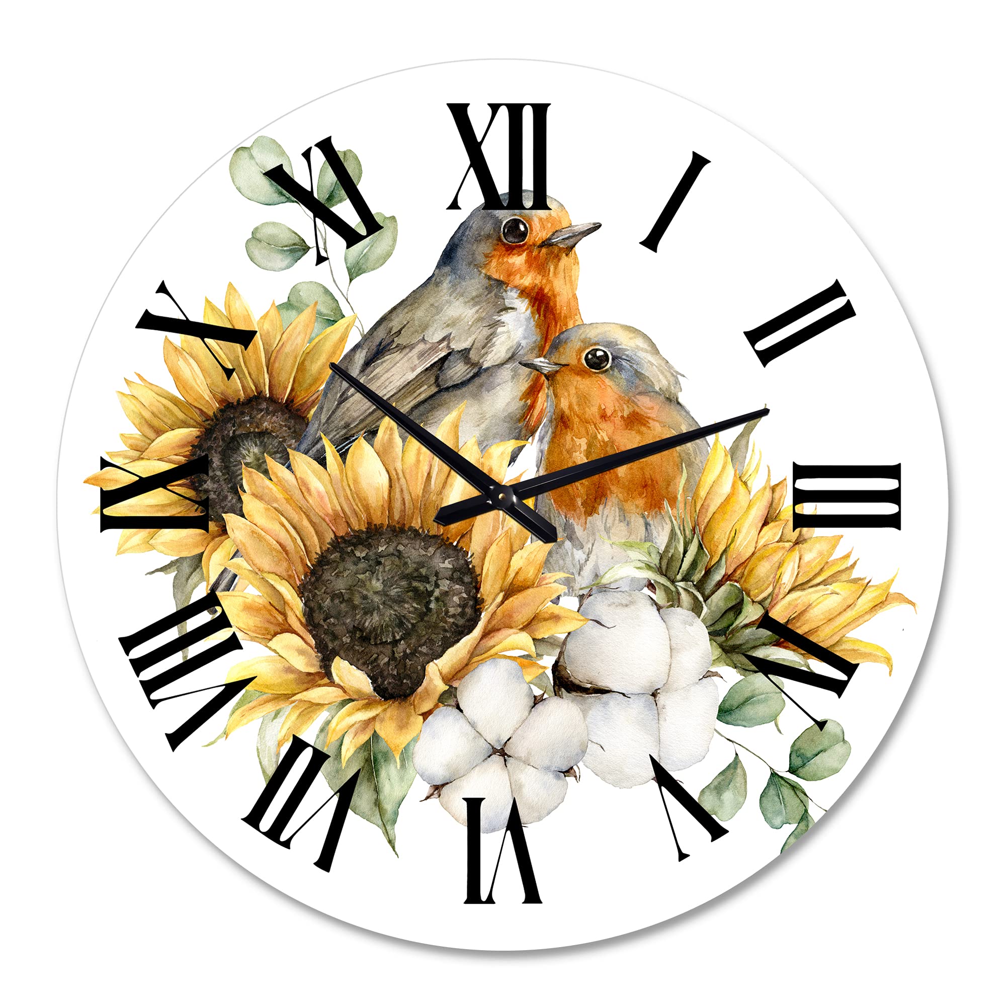 DesignQ Traditional Wall Clock 'Autumn Bouquet with Robins and Sunflowers' - Large Decorative Clock for Home, Office & Living Room - Perfect Farmhouse Decor & Rustic Wall Art