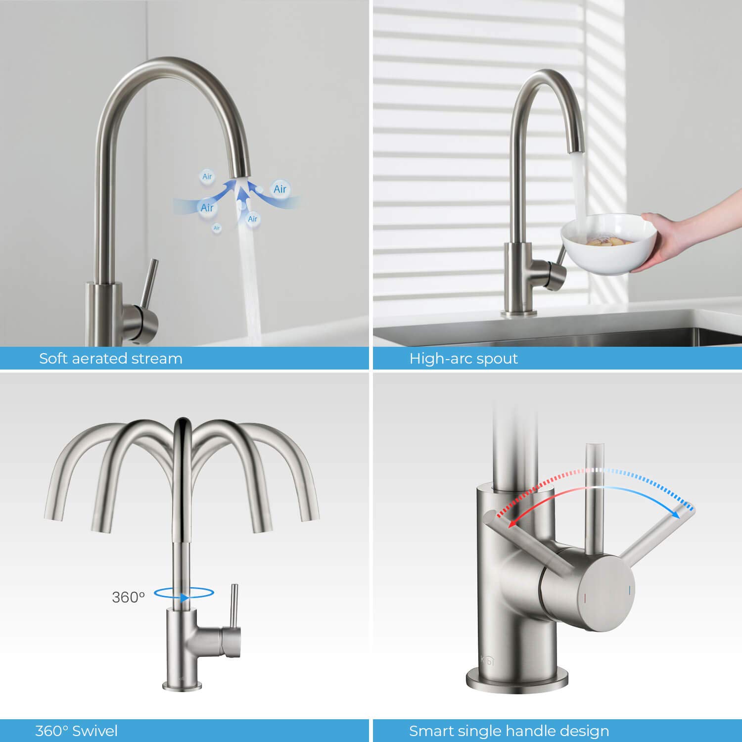 KIBI KKF2001 High Arc Single Hole Kitchen Faucet - 360° Swivel Spout Brushed Gold Finish | Rust & Corrosion Resistant | Perfect for Modern Farmhouse & RV Kitchen Sinks
