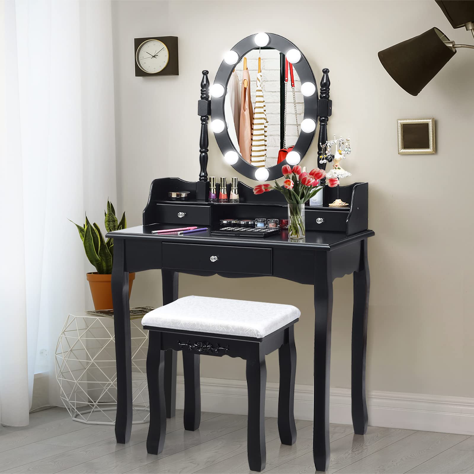 Charmaid Girls Makeup Vanity Desk with LED Lights - Adjustable Brightness & 3 Lighting Modes - Modern Vanity Table with Lighted Mirror, 3 Drawers & Stool - Perfect for Small Spaces & Bedroom Decor (Black)
