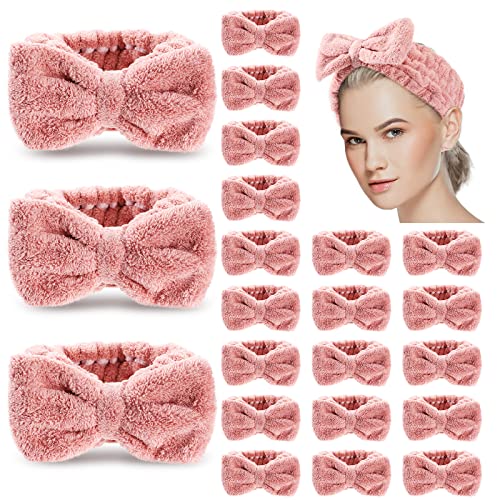 Yunlly 20 Pcs Spa Headbands for Women - 4 Inch Wide Soft Fluffy Hair Bands for Facial Skincare, Makeup & Washing Face - Rose Pink Bow Tie Head Wraps - Perfect for Spa Days, Slumber Parties & At-Home Beauty Routines