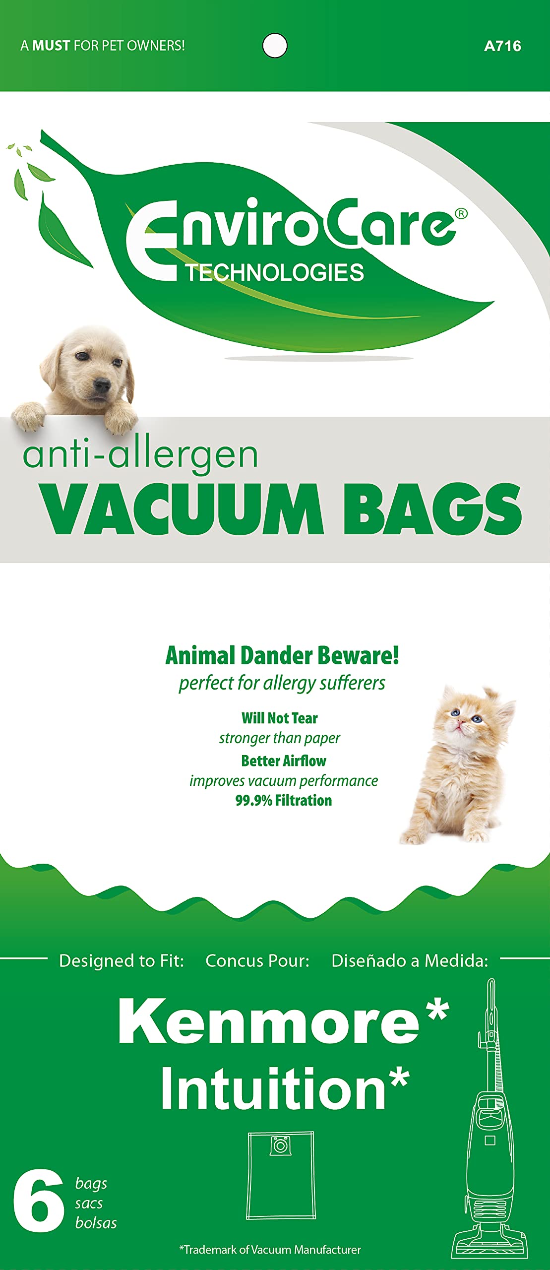 EnviroCare Replacement Vacuum Cleaner Bags - 6 Pack Compatible with Kenmore Intuition Upright Vacuums | HEPA Filter | Dust-Free Cleaning for Home, Office & Pet Hair Removal