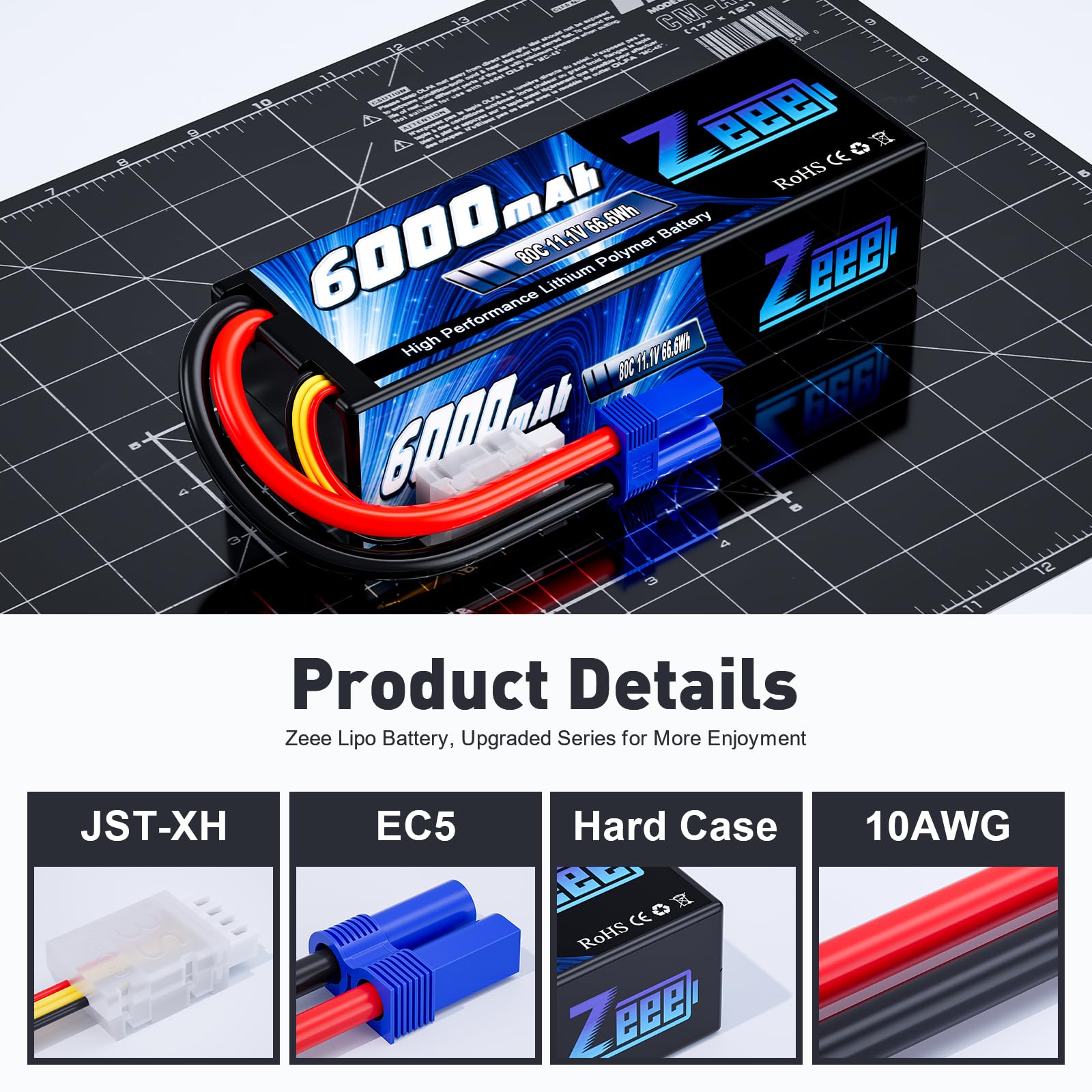 Zeee 11.1V 80C 3S 6000mAh Hard Case Lipo Battery with EC5 Connector - 2 Pack for RC 1/8 1/10 Scale Vehicles, Cars, Trucks, Boats - Perfect for Off-Road Racing, Drifting, and High-Performance RC Hobbies