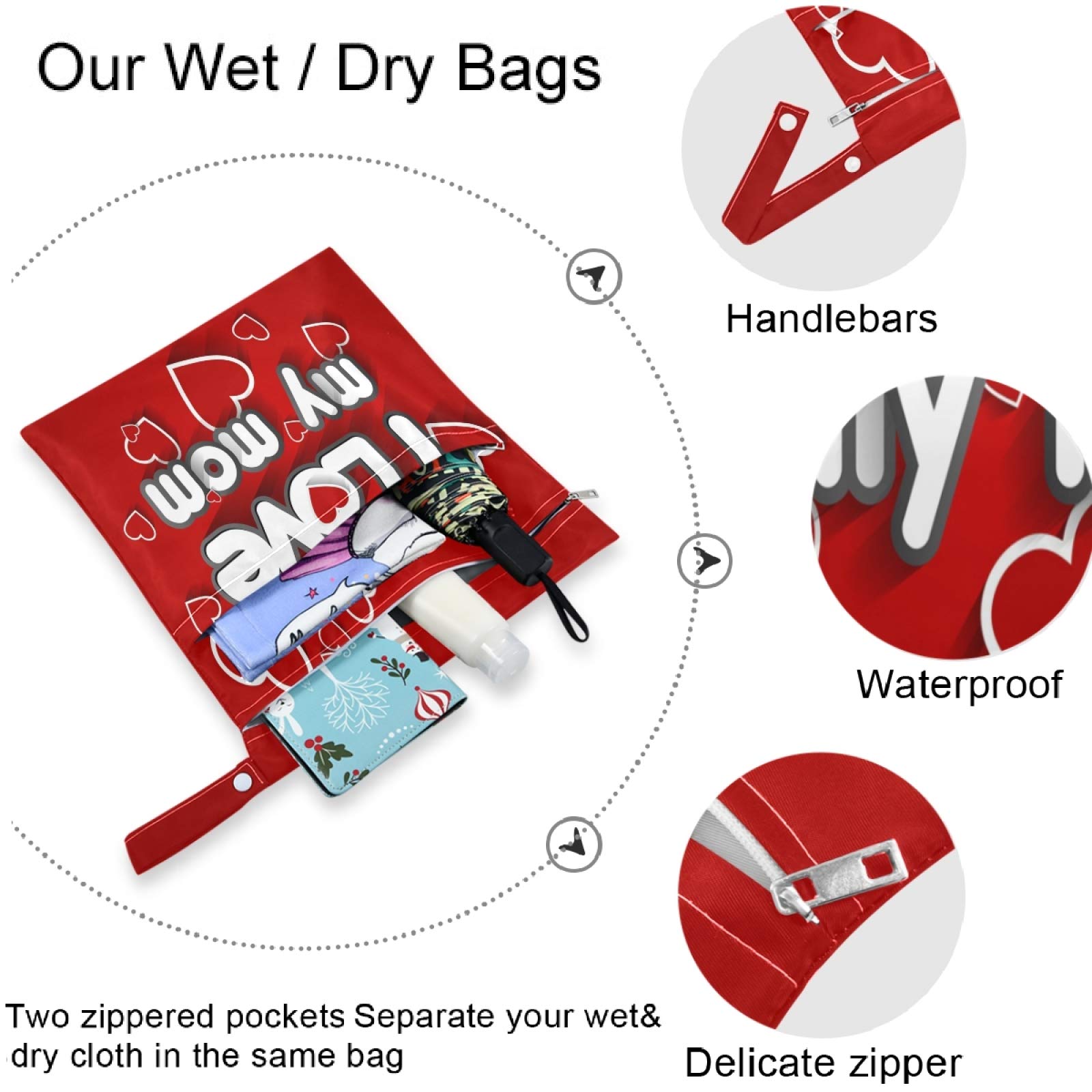 Visesunny I Love You Mom 2-Pack Waterproof Wet Bags with Zipper Pockets - Reusable & Washable Travel Organizer for Diapers, Swimsuits, Gym Clothes & Toiletries - Perfect for Beach, Pool, Daycare, Stroller & Sports Activities