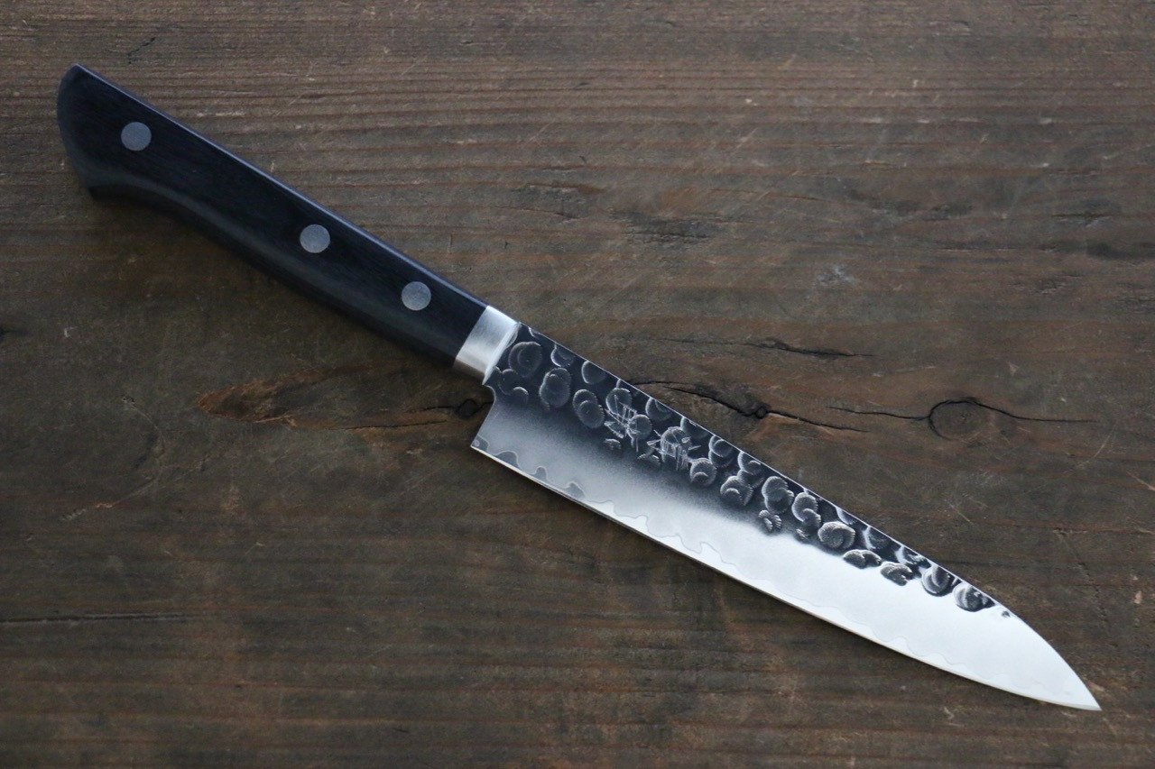 Seisuke VG1 Hammered Migaki Finished Petty Utility Knife 135mm with Pakka Wood Handle - Perfect for Slicing, Peeling & Precision Kitchen Tasks