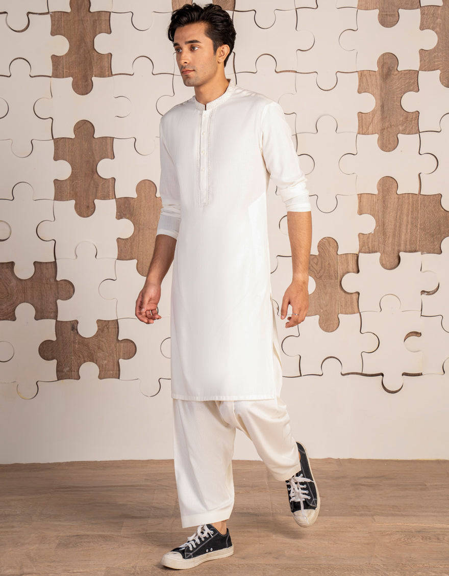 Premium Blended White Shalwar Kameez by J. Junaid Jamshed - Elegant Pakistani Traditional Outfit for Men, Perfect for Weddings, Eid & Special Occasions