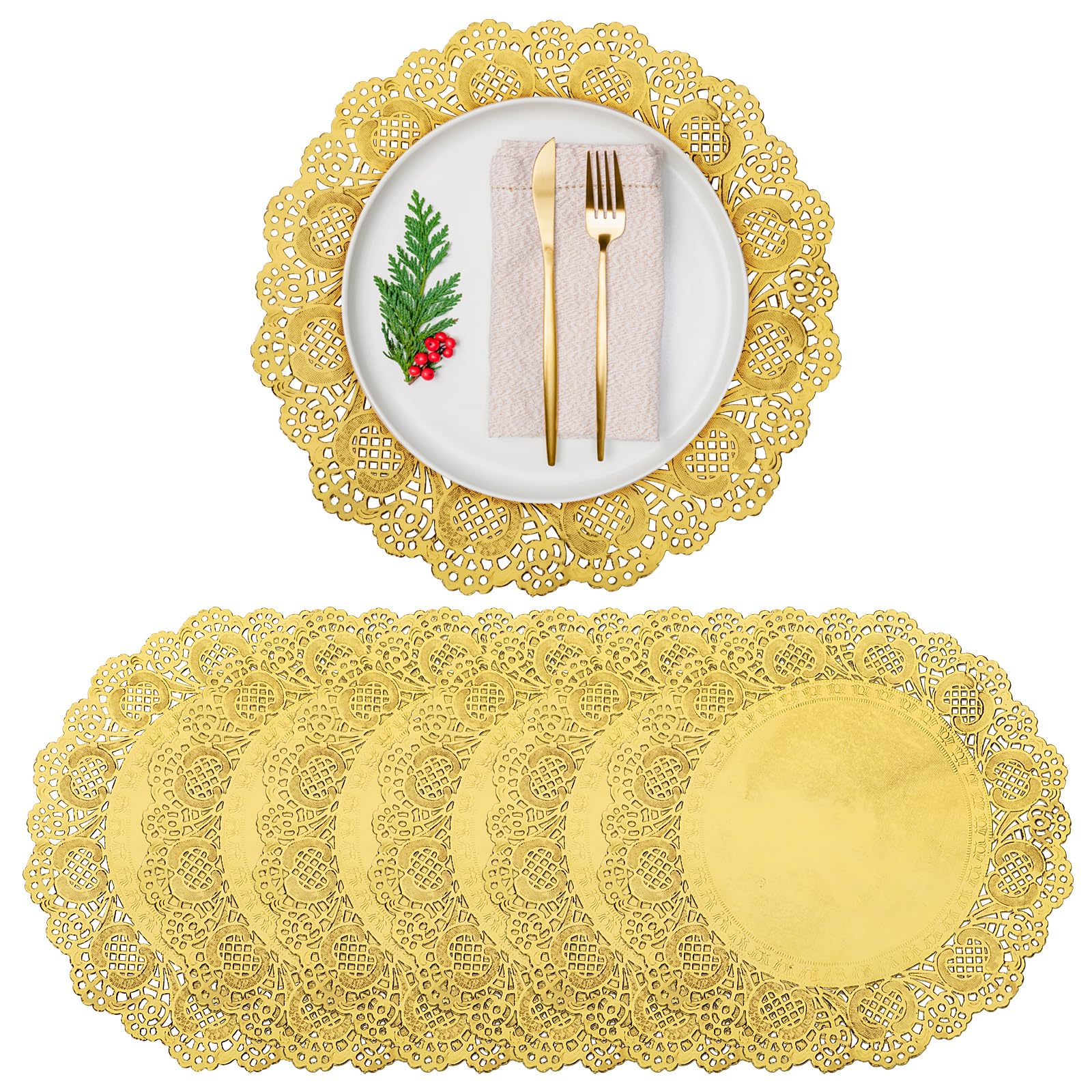 50 Pack Gold Paper Doilies - 10.5 Inch Round Disposable Charger Plates for Party Decor, Wedding, Birthday, Baby Shower & Holiday Table Settings - Elegant Food Placemats for Cake, Desserts & Appetizers