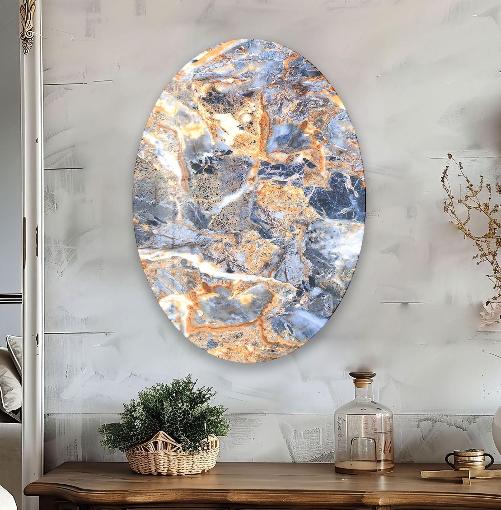Handcrafted Asymmetric Oval Orange & Blue Marble Glass Wall Art - Modern Abstract Home Decor for Living Room, Bedroom & Office