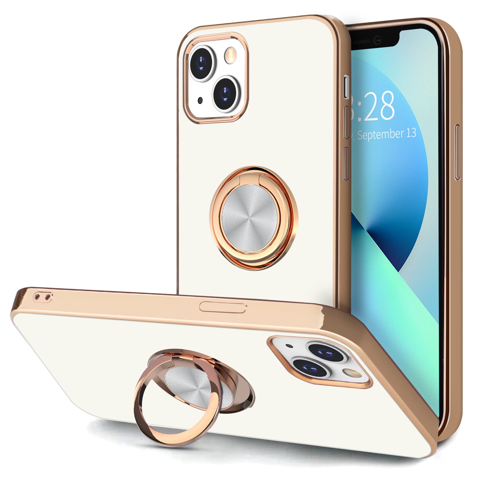 360° Rotatable Magnetic Ring Stand Case for iPhone 13 - Rose Gold Plating Slim TPU Cover with Car Mount Support | Perfect for Hands-Free Viewing, Secure Grip & On-the-Go Use