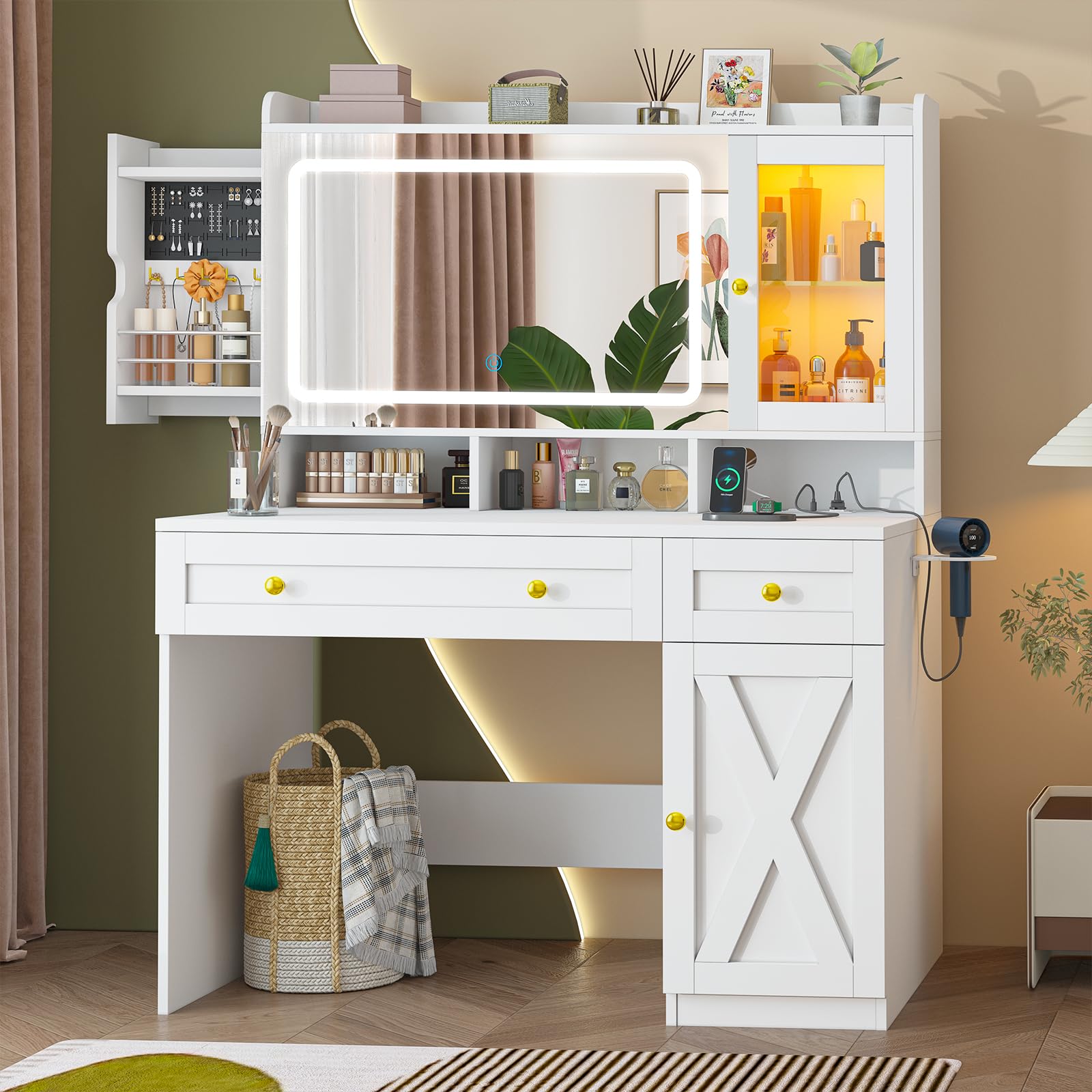 Vanity Desk with Mirror and LED Lights - White Makeup Dressing Table with USB Charging Station, Storage Drawers & Hidden Jewelry Organizer - RGB Color Changing Cabinets - 3 Lighting Modes for Bedroom Makeup & Beauty Routine