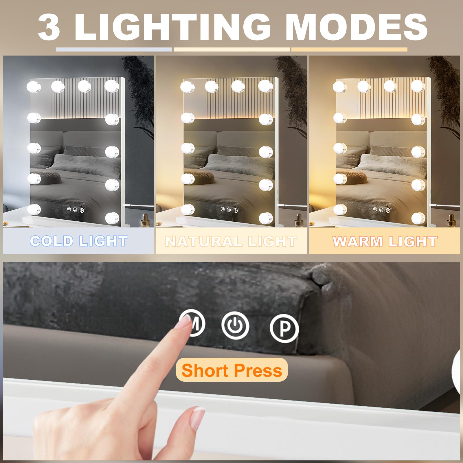 Hollywood Vanity Mirror with LED Lights - 12 Bulbs, 3 Color Modes, Adjustable Brightness, USB Charging Port, Aluminum Frame (14