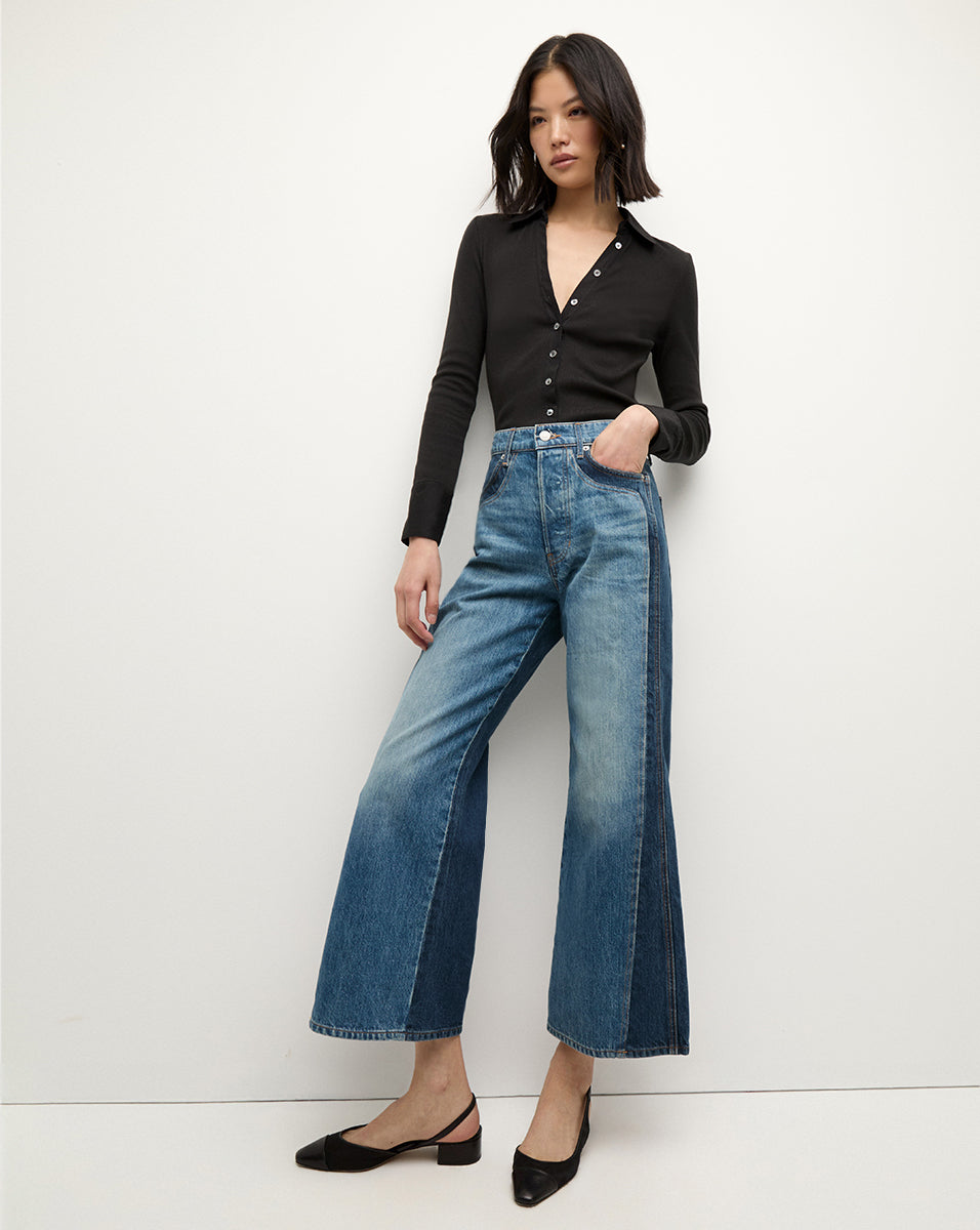 Taylor Two Tone Cropped Wide Leg Jeans for Women - High Waisted Distressed Denim Pants - Casual Streetwear & Vintage Style Outfits