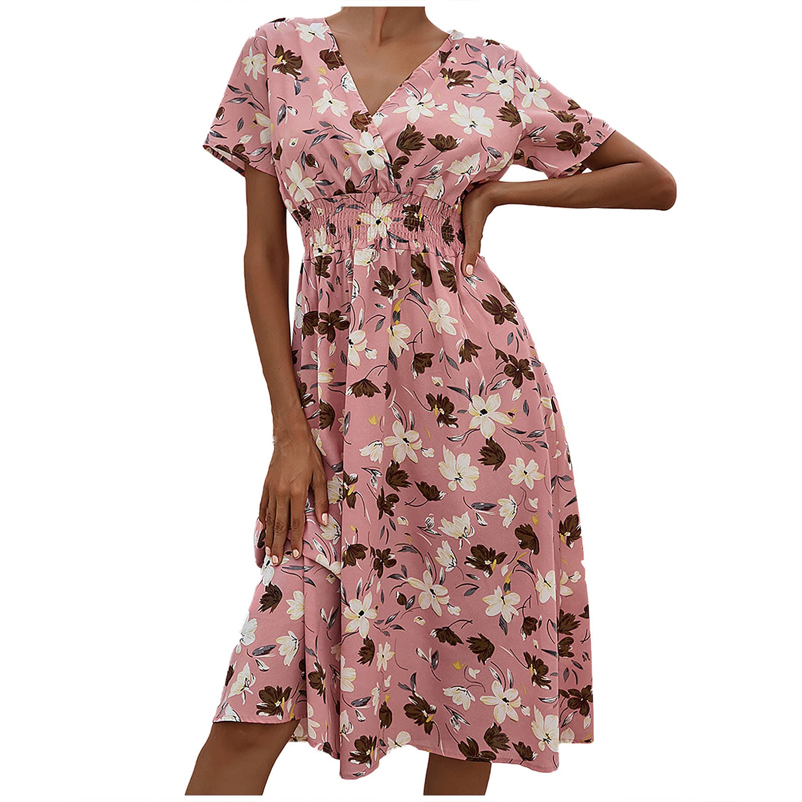 Women's Summer Casual Floral Midi Dress 2023 - Short Sleeve V-Neck Slim Fit Sundress for Beach, Vacation & Outdoor Activities