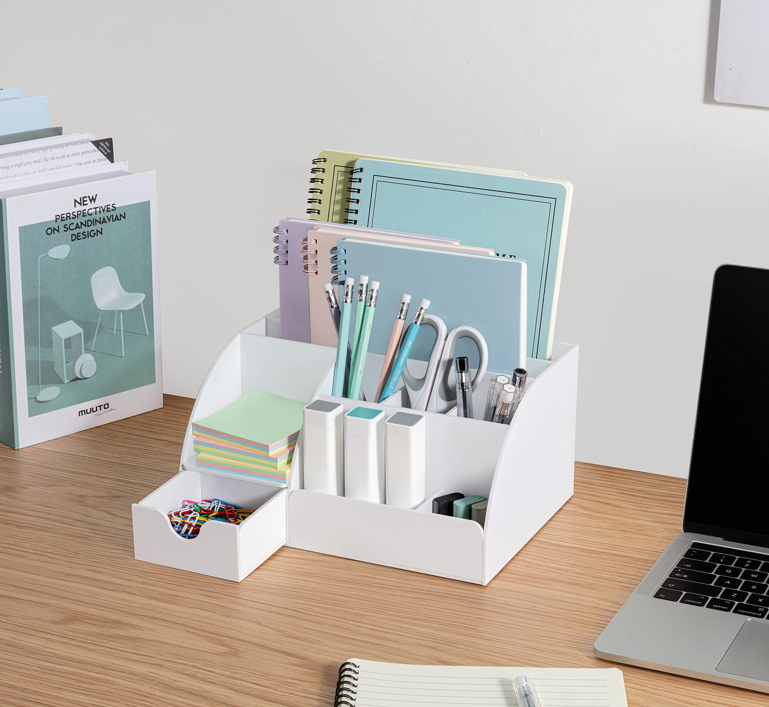 White Desk Organizer with 9 Compartments - Office Supplies & Desk Accessories Organizer, Pen Holder & Desktop Decor - Perfect for Home Office, Study Room & Workspace (White)