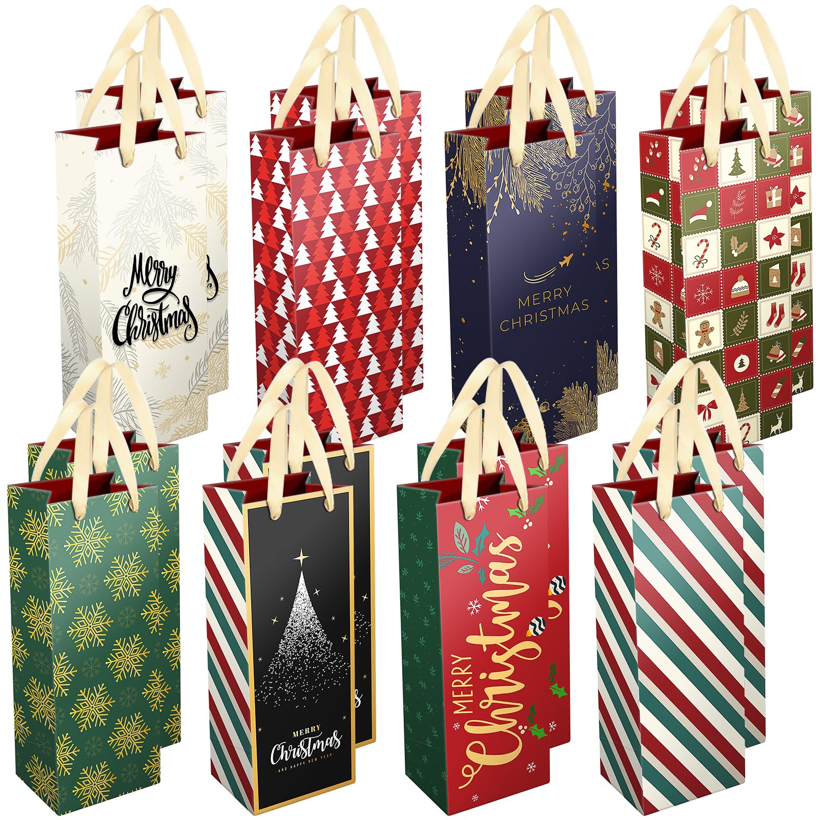 DeckTheHalls Christmas Wine Gift Bags - 16 Pack Reusable Holiday Bottle Wrap Bags with Ribbon Handles, Festive Designs for Christmas Parties, Engagements & Gifts | Perfect for Holiday Celebrations, Corporate Gifts & Wine Lovers