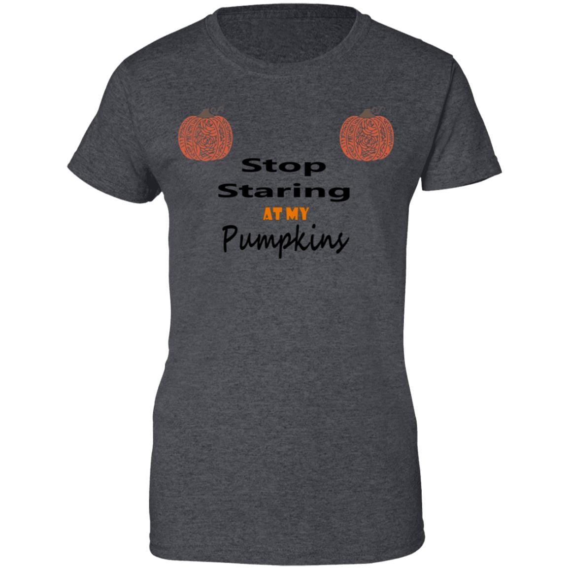 Stop Staring At My Pumpkins Women's 100% Cotton Graphic T-Shirt - Funny Fall Halloween Tee for Pumpkin Patch & Autumn Outings