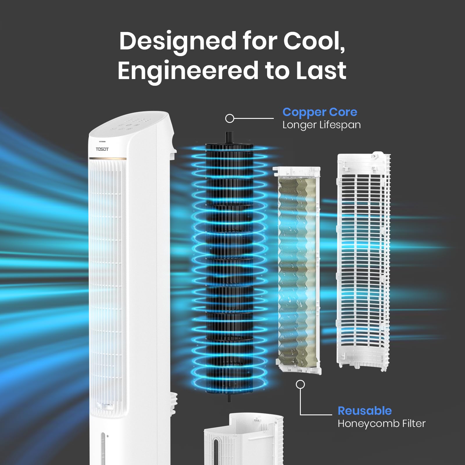 TOSOT 80° Oscillating Tower Fan with Remote Control - 3 Speed Quiet Cooling Fan, 360m³/h CFM, 7-Hour Timer & 4L Removable Water Tank Humidifier - Includes 2 Ice Packs for Extra Cooling - Perfect for Bedroom, Living Room & Office Use