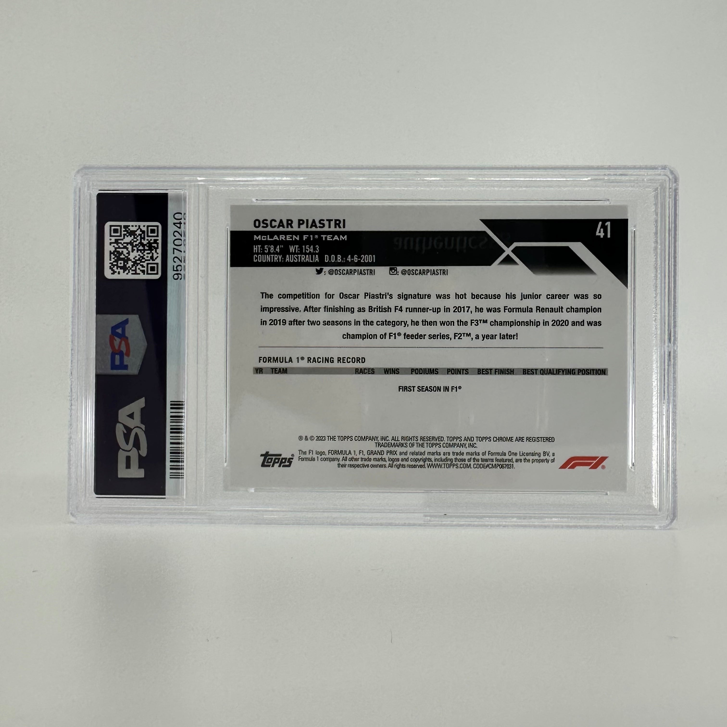 2023 Topps Chrome F1 Oscar Piastri #41 Sapphire Edition Rookie Card PSA 8 - Perfect for F1 Collectors, Racing Fans, and Sports Memorabilia Enthusiasts