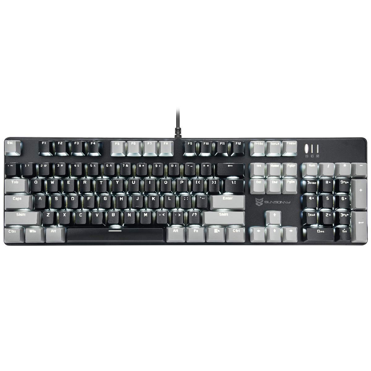 Qisan Mechanical Gaming Keyboard - Full Size 104 Keys US Layout, Wired Black Switch Backlit Keyboard (Black & Grey) for PC, Mac, Laptop - Perfect for Gaming, Typing & Office Work