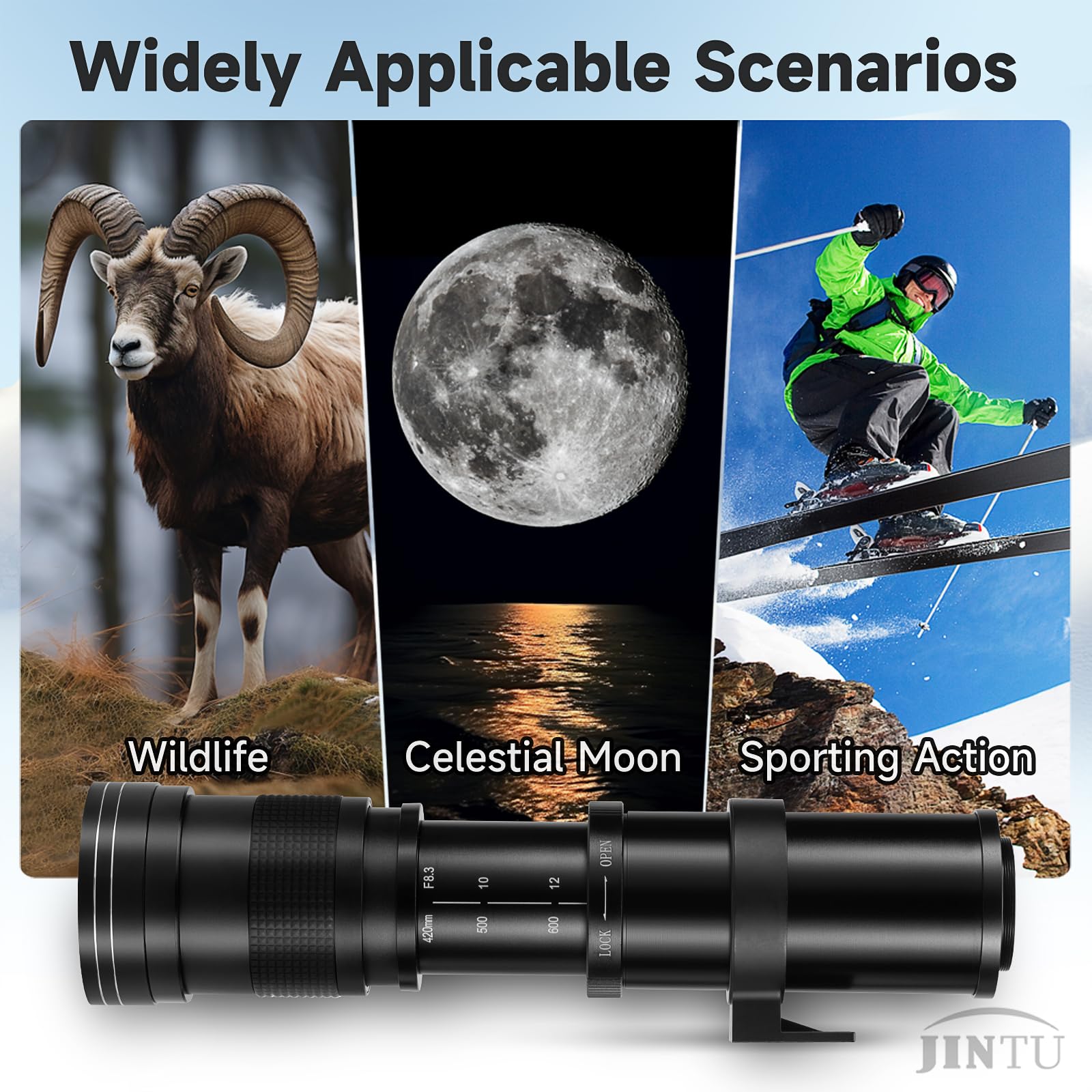 JINTU 420-1600mm Telephoto Zoom Lens for Canon DSLR Cameras - Compatible with 4000D, 90D, 80D, 70D, 60D, 50D, 650D, 550D, 500D, 450D, 400D, 350D, 7D II, 750D, 200D, 5D Mark II IV III, 1200D, 1300D, 1100D - Perfect for Wildlife, Sports & Long-Distance Photography