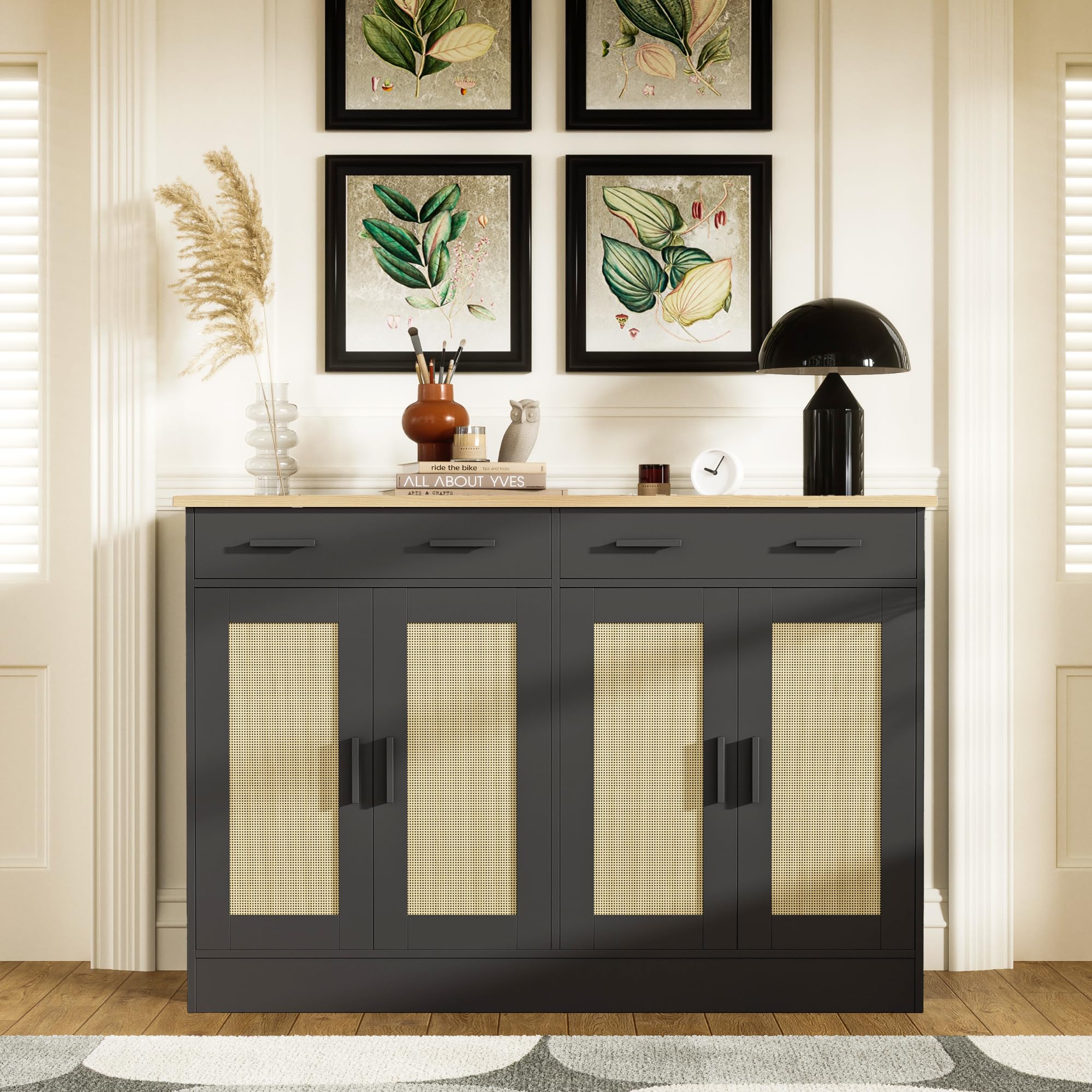 Stylish Black Rattan Buffet Cabinet with 2 Drawers & 4 Doors - Coffee Bar & Kitchen Storage Sideboard for Living Room, Dining Room | Perfect for Home Decor, Entertaining & Small Space Organization