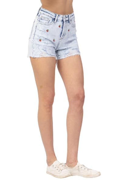 Judy Blue Women's High Waisted Denim Shorts - Acid Wash Distressed Jean Shorts with Cherry Embroidery | Casual Summer Outfits, Beach Wear & Street Style Fashion