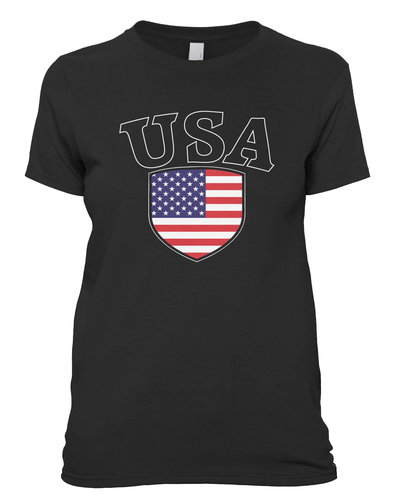 Women's Patriotic American Flag Crest Shield T-Shirt | USA Pride Graphic Tee | Casual Wear for 4th of July, Memorial Day & Veterans Day Celebrations