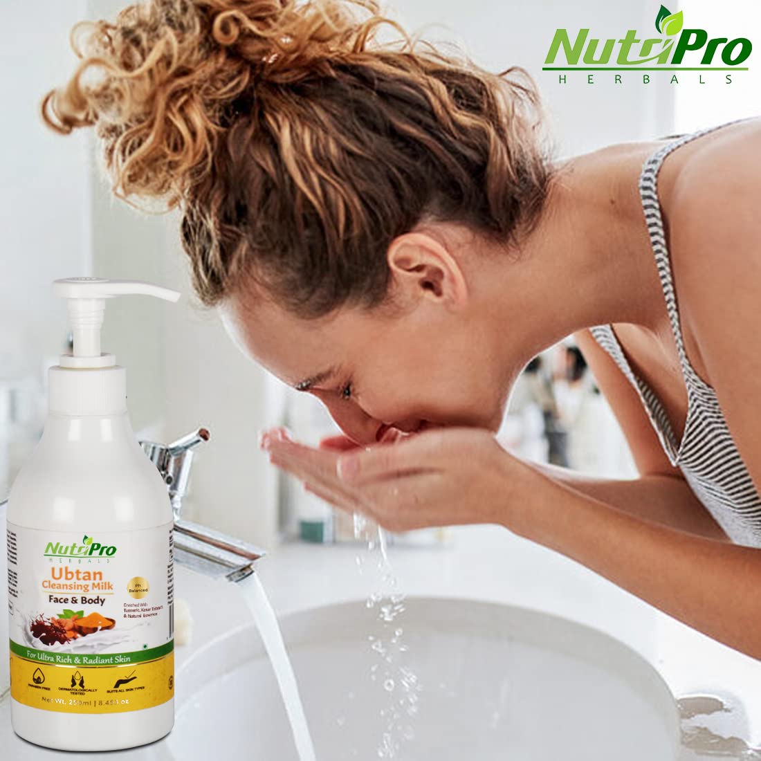 NutriPro Ubtan Cleansing Milk with Turmeric & Kesar Extract - Natural Makeup Remover & Skin Brightening Face Wash for Glowing Skin - Paraben & Silicone Free (250ml) | Perfect for Daily Cleansing & Post-Makeup Skincare Routine