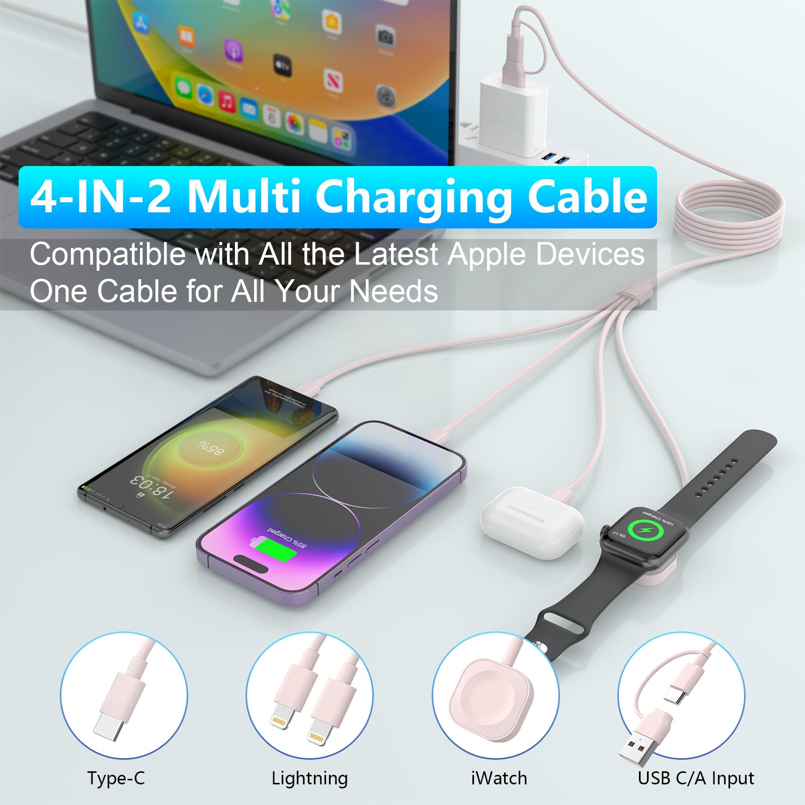 MFi Certified 4-in-1 Apple Charger Cable - 10FT/3M Fast Charging Cord for iPhone, Apple Watch & AirPods | Travel & Home Use Charging Solution for Multiple Apple Devices