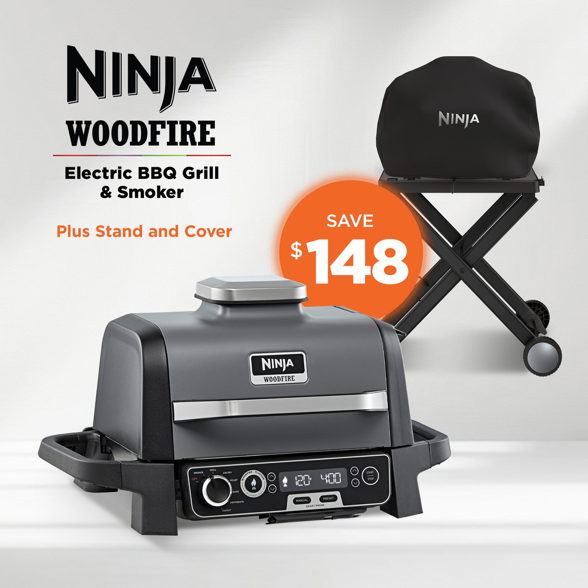 Ninja Woodfire Electric BBQ Grill and Smoker with Cover & Stand – Portable Outdoor Grill for Backyard, Camping, and Tailgating Parties