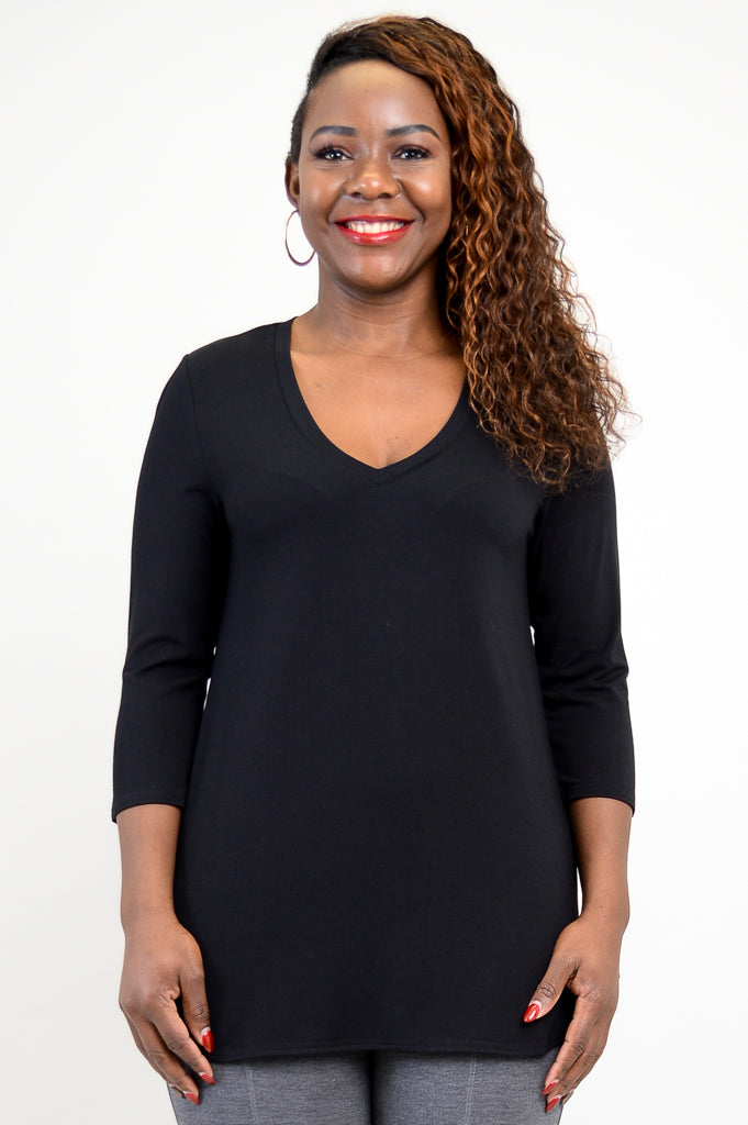Jackie 3/4 Sleeve Bamboo V-Neck Top for Women - Soft & Breathable Black Shirt - Perfect for Yoga, Workout & Casual Wear