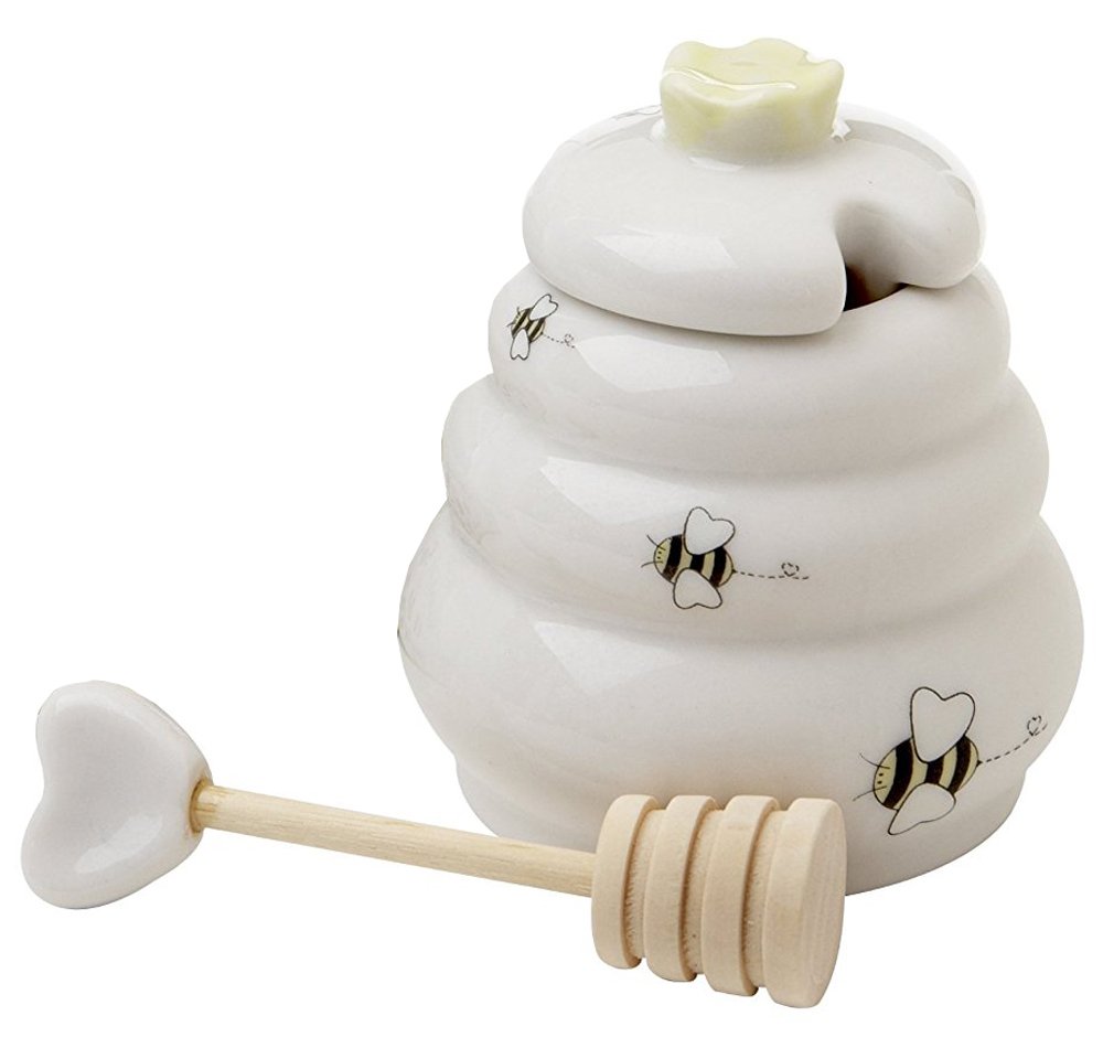 Kate Aspen Sweet As Can Bee Ceramic Honey Pot with Wooden Dipper - 48 Sets for Wedding Favors, Bridal Shower Gifts & Kitchen Decor