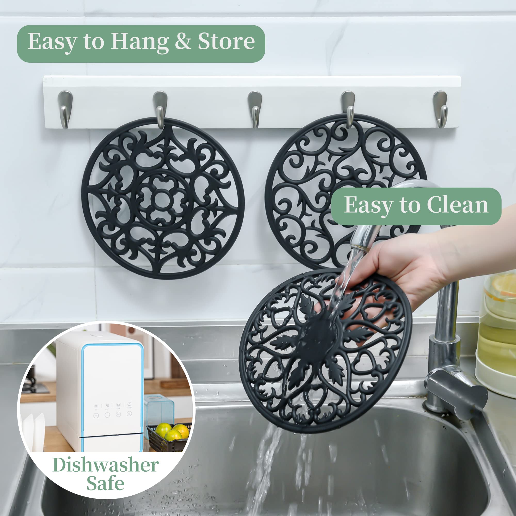Heat Resistant Silicone Trivet Set - 6 Gray Hot Pads for Kitchen & Dining