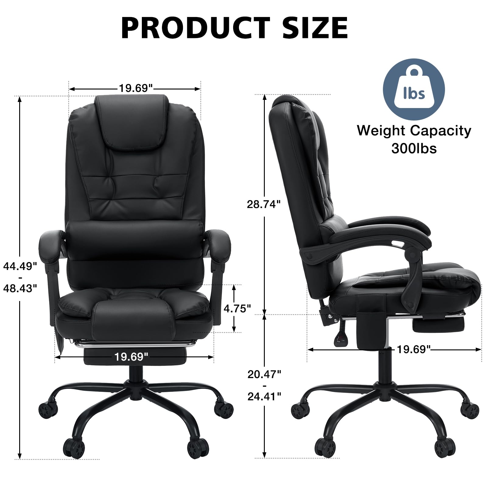 Premium Executive Office Chair with Massage & Reclining - Ergonomic High Back Computer Desk Chair with Adjustable Footrest - Soft Leather Home Office Chair (Black) - Perfect for Long Work Hours & Home Office Comfort