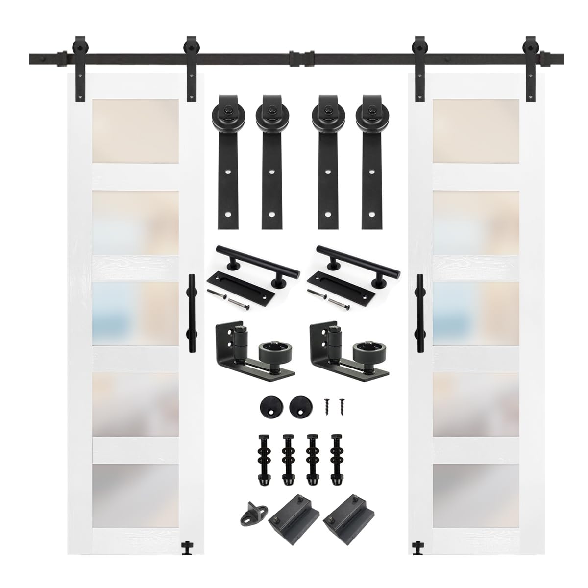 S&Z TOPHAND® 84 Inch x 18 Inch Double Glass Sliding Barn Door with 6FT Hardware Kit - 5 Tempered Frosted Glass Panels, Waterproof PVC Surface, Easy DIY Assembly for Bedroom, Closet, or Room Divider