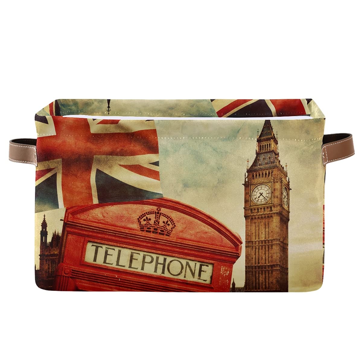 London UK Flag Telephone Booth Storage Bins - 2 Pack Collapsible Storage Cubes with Handles, Union Jack & Big Ben Design for Nursery, Bedroom, Closet & Home Office Organization | Perfect for Kids' Toys, Books & Home Decor